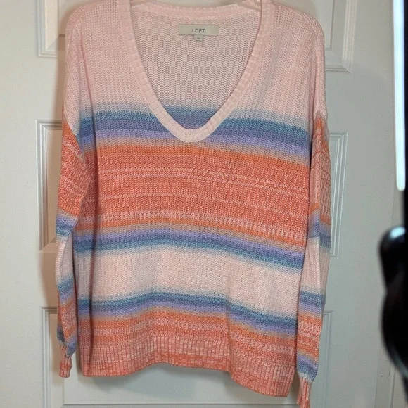 Loft pink & blue Ombre Striped V-Neck Sweater SZ L cotton blend casual weekend - Picture 1 of 11